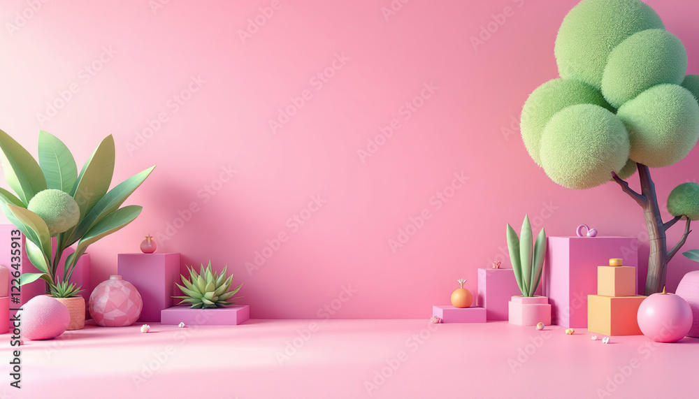Pink background scene with plants geometric shapes and decorative objects