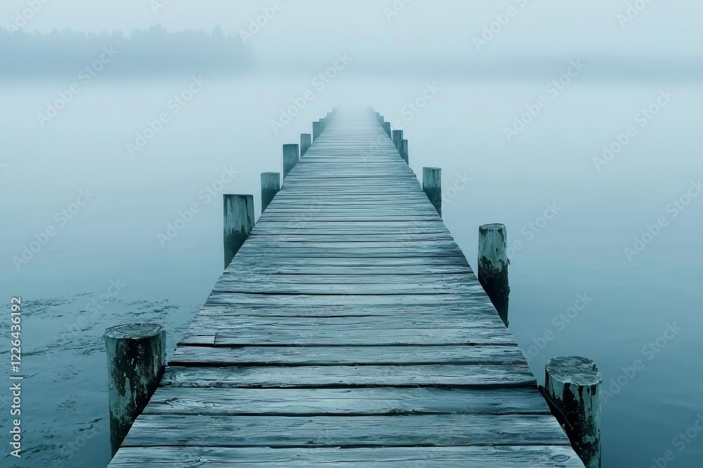 Obraz premium Serene Dock Floating Calmly Amidst Tranquil Lake Surrounded by Majestic Nature and Lush Greenery