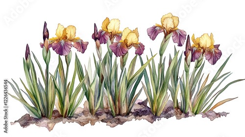 Watercolor illustration of Iris pseudata ‘Yarai’ (Japanese iris) with peachy-yellow petals and deep purple-burgundy centers photo