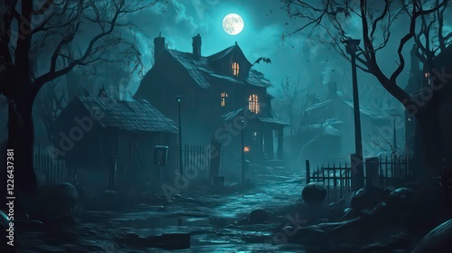 Halloween concept background of realistic horror house and creepy street with moonlight. cartoons. Illustrations photo