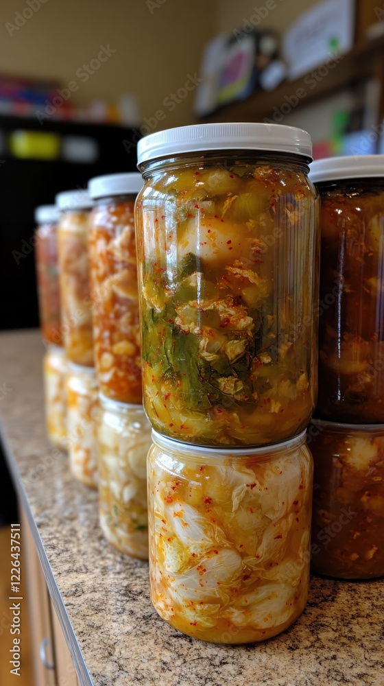 Jars of homemade kimchi on a kitchen counter ready for fermentation and storage in the pantry Jars of homemade kimchi on a kitchen counter ready for fermentation and storage in the pantry