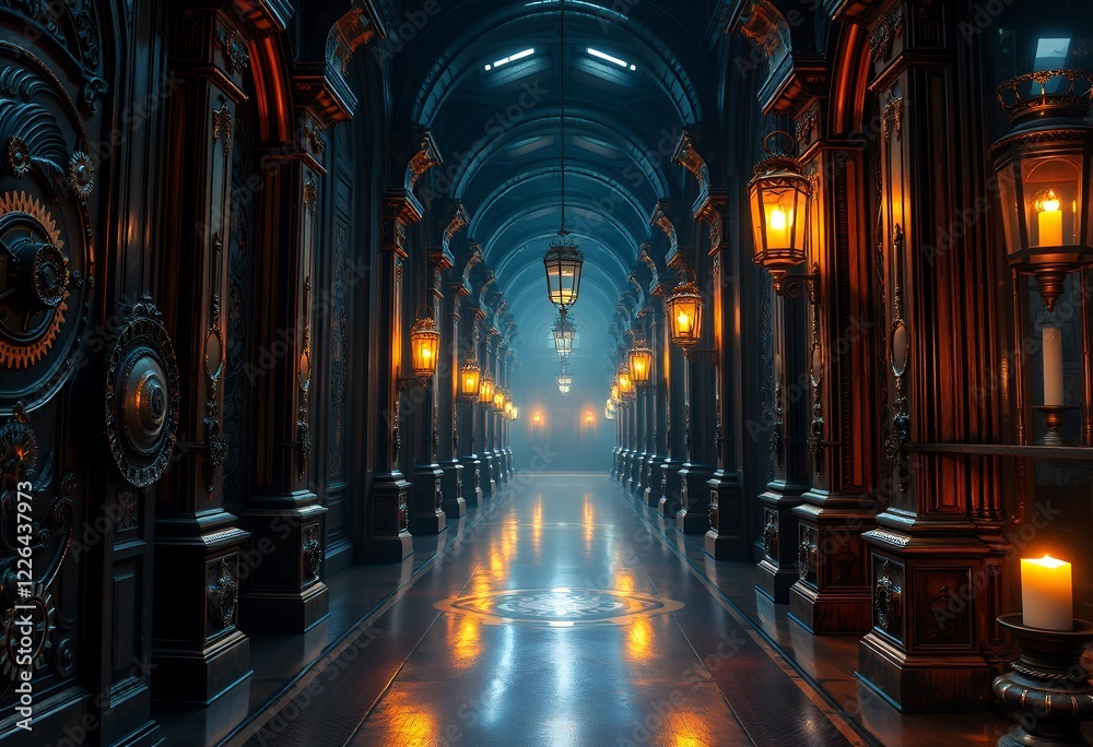 Fototapeta premium Elegant Arched Corridor with Ornate Lighting and Reflective Flooring, Generatvie AI