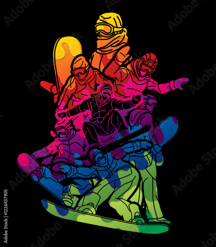 Snowboarder Snowboard Players Mix Action  Extreme Sport Cartoon Graphic Vector