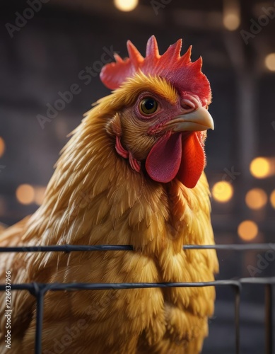 Chicken perched on a wire cage, looking stressed and anxious , stressed broiler chicken,