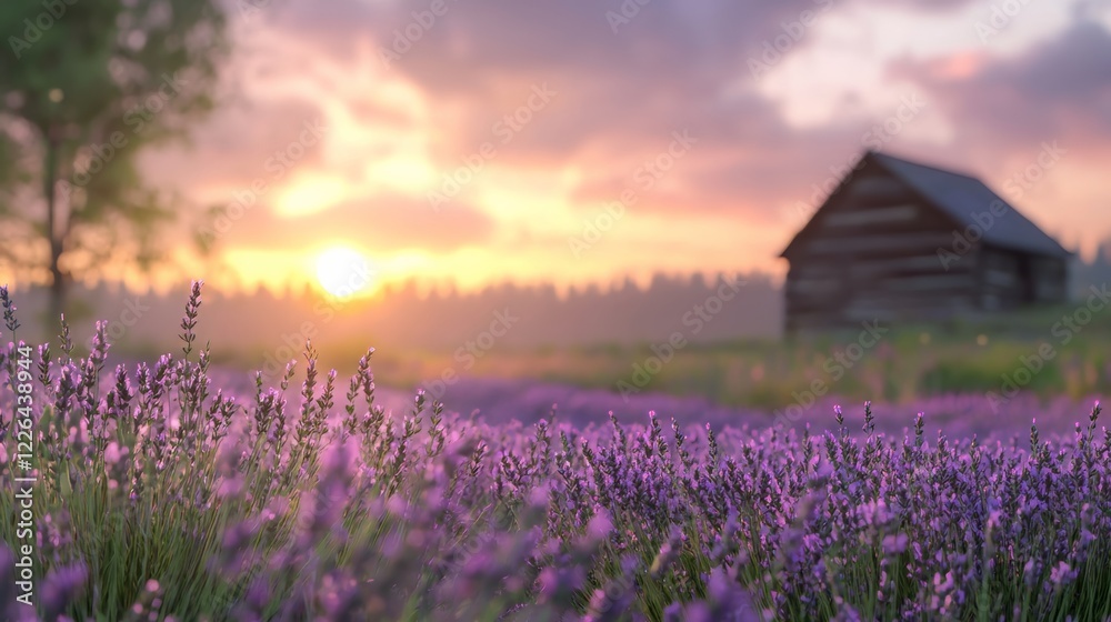 Serene and Colorful Lavender Field Surrounded by Nature's Beauty with Rustic Barn in Background Serene and Colorful Lavender Field Surrounded by Nature's Beauty with Rustic Barn in Background