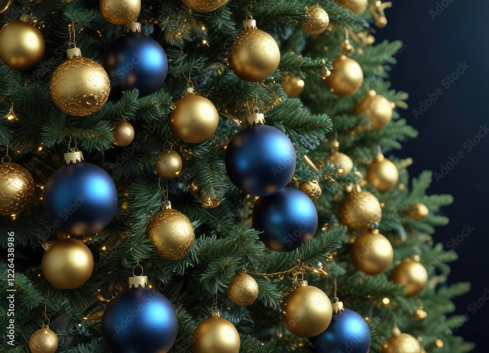 Christmas tree with gold and blue ornaments against a dark blue background, gold ornaments, holiday season Christmas tree with gold and blue ornaments against a dark blue background, gold ornaments, holiday season
