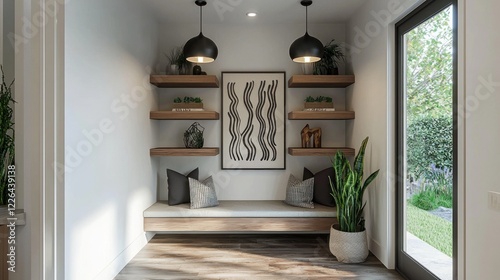 Modern entryway design with floating shelves, a bench, and a potted plant.