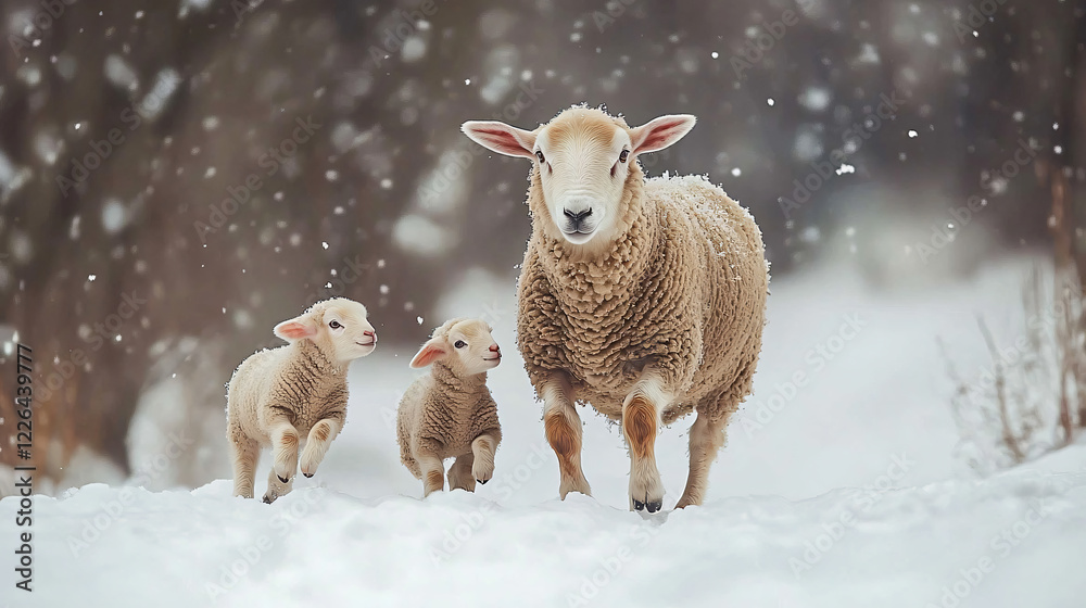 Naklejka premium Heartwarming documentary photo mother sheep standing snowy field adorable lamb,beauty farm life, winter landscape,animal bonding nature,story,rustic,love,herd,purity,calm,cute,cozy,warm,gentle,cold