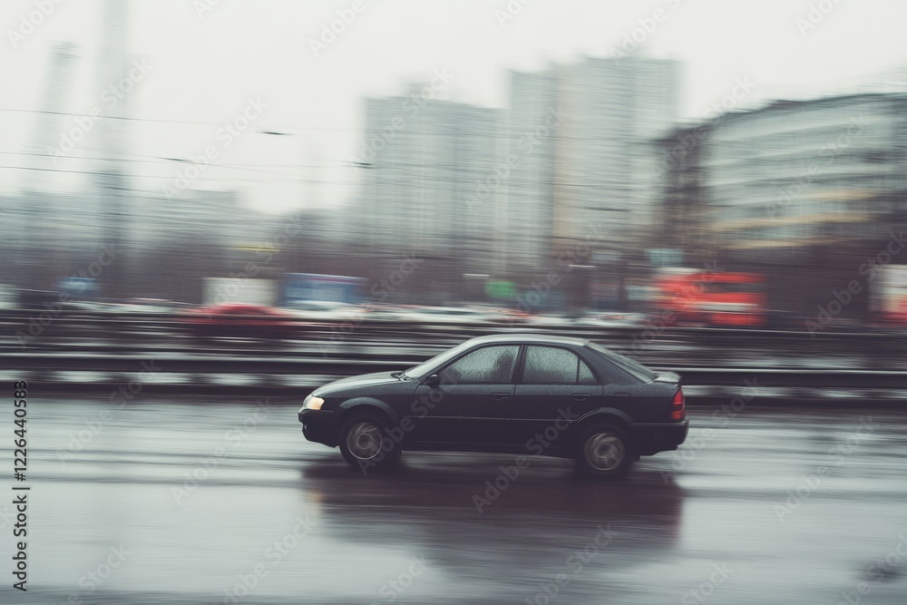 Black Sedan Moving Quickly on a Rainy Urban Street Black Sedan Moving Quickly on a Rainy Urban Street