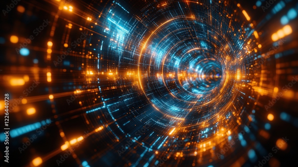 Obraz premium Abstract Digital Tunnel with Glowing Blue and Orange Particles