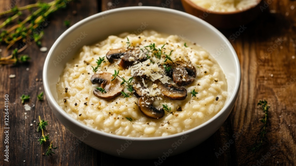 A creamy and rich risotto with wild mushrooms, Parmesan cheese, and a sprinkle of fresh herbs A creamy and rich risotto with wild mushrooms, Parmesan cheese, and a sprinkle of fresh herbs