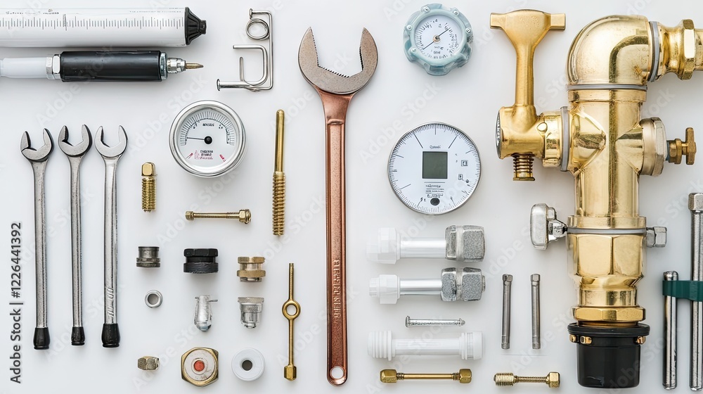 Fototapeta premium A flat lay of boiler repair tools, including wrenches, a pressure gauge, and a diagnostic device.