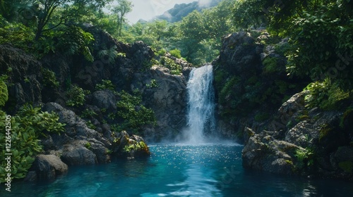 A Stunning Waterfall Cascading Gracefully within a Serene Body of Water Surrounded by Nature's Beauty