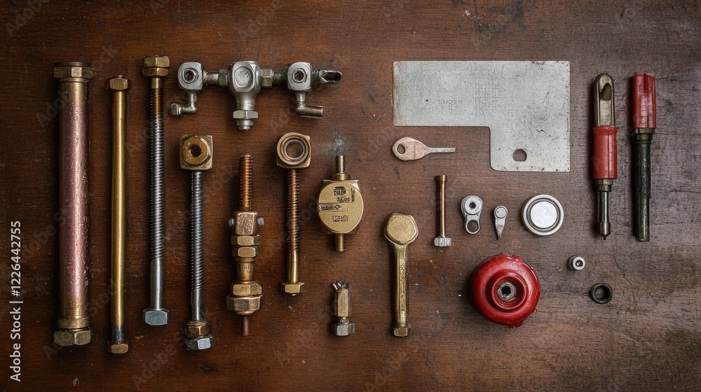 Fototapeta premium A flat lay of repair parts, including gaskets, pipe connectors, and a diagnostic tool.