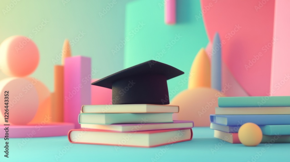 Graduation cap on books, colorful shapes background; education concept Graduation cap on books, colorful shapes background; education concept