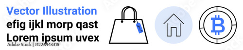Shopping bag with tag, house icon, and Bitcoin symbol in clean minimal style. Ideal for finance, real estate, e-commerce, investment, digital wallet, cryptocurrency and technology flat landing page