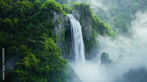 Breathtaking View of a Serene Waterfall Cascading Through a Lush Green Forest Surrounded by Vibrant Nature