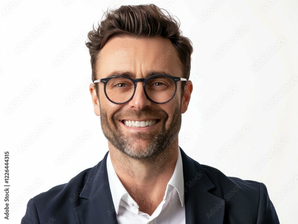 Confident professional man grinning isolated on white portrait photography studio environment front view positive image Confident professional man grinning isolated on white portrait photography studio environment front view positive image
