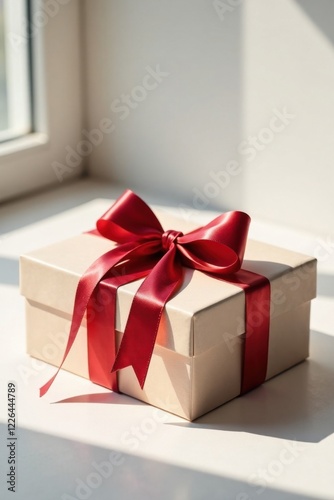 A delicately wrapped present, adorned with a rich crimson ribbon, sits bathed in sunlight on a pristine white surface, awaiting its moment of joyful unveiling.