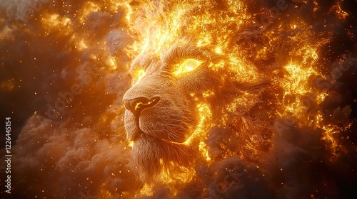 Fiery Lion's Mane in Storm, a striking fusion of nature's majesty and cosmic chaos, evoking power and elemental fury. 