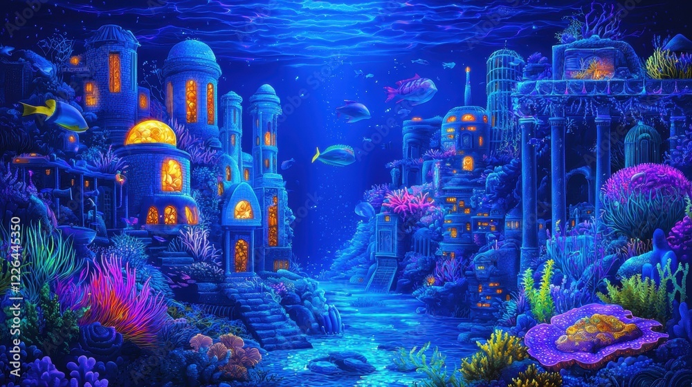 Obraz premium Diving into an enchanting underwater city visual artwork of glowing bioluminescent wonders