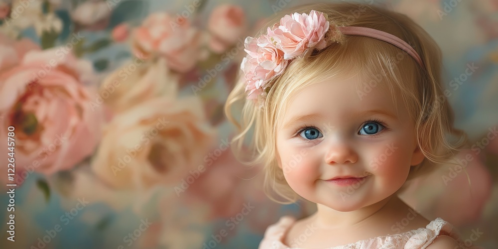 A cheerful baby with a floral headband smiling warmly. Perfect for parenting blogs, baby products, or emotional advertising campaigns. A cheerful baby with a floral headband smiling warmly. Perfect for parenting blogs, baby products, or emotional advertising campaigns.