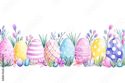 Easter day celebration with watercolor style eggs and flowers spring garden art cheerful vibe