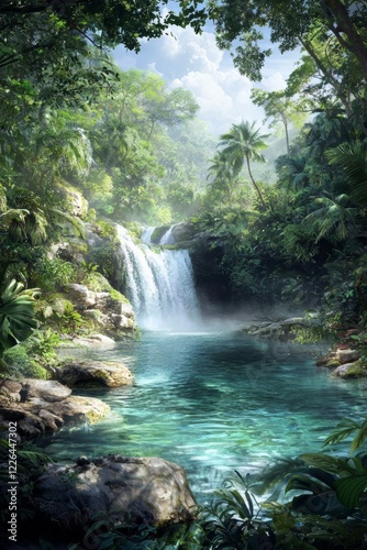 A Stunning View of the Majestic Waterfall Nestled Deep Within the Lush Jungle Landscape of Nature