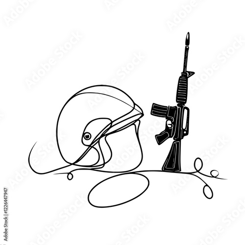 Linear contour vector of a military helmet and assault rifle, made in a minimalist style, ideal for military and tactical themes.