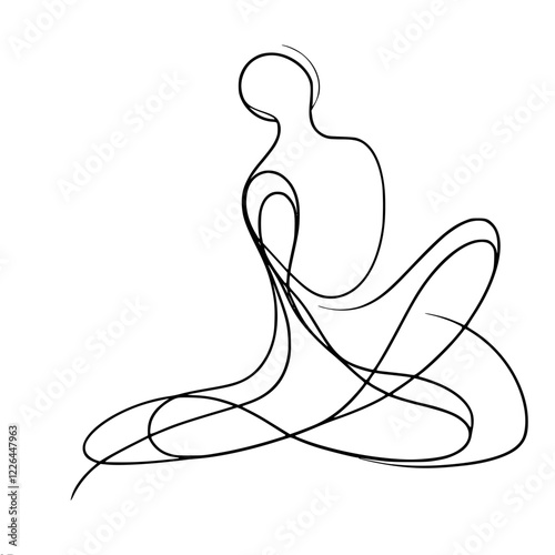 Linear vector contour simple drawing of a sitting man in a minimalist style, made of continuous flowing black lines, symbol of chaos