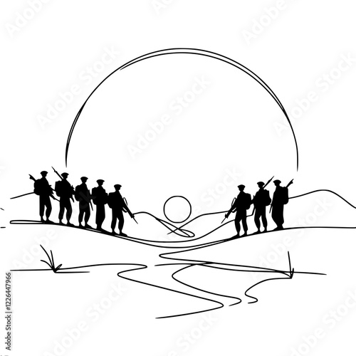 Linear vector contour drawing of an army of soldiers standing with machine guns against the backdrop of a large sun, viewed from afar, in a minimalist style.