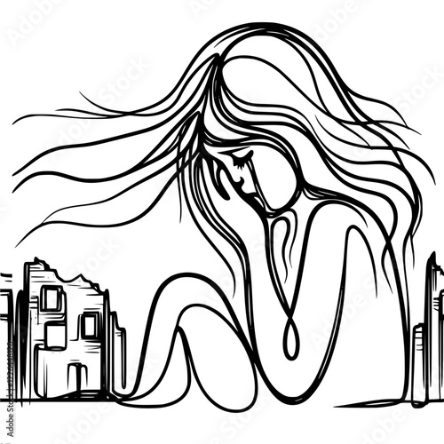 Black and white vector contour illustration of a crying shaggy and dirty girl, hiding her face in her hands, against the background of destroyed buildings, minimalism