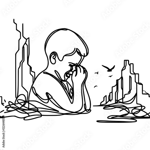 Black and white vector contour illustration of a child sitting on the ground, wiping away tears, against the backdrop of a destroyed city, minimalism
