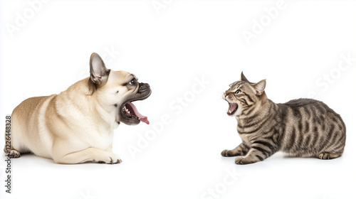 Yawning Companions: A playful image of a pug dog and a tabby cat, both yawning widely, side by side. The contrasting expressions and postures create a humorous and engaging scene. 