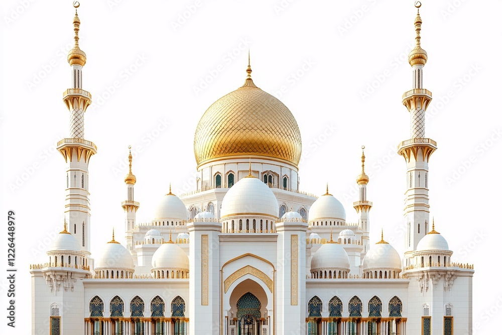 Obraz premium Majestic White Mosque with Golden Domes and Minarets