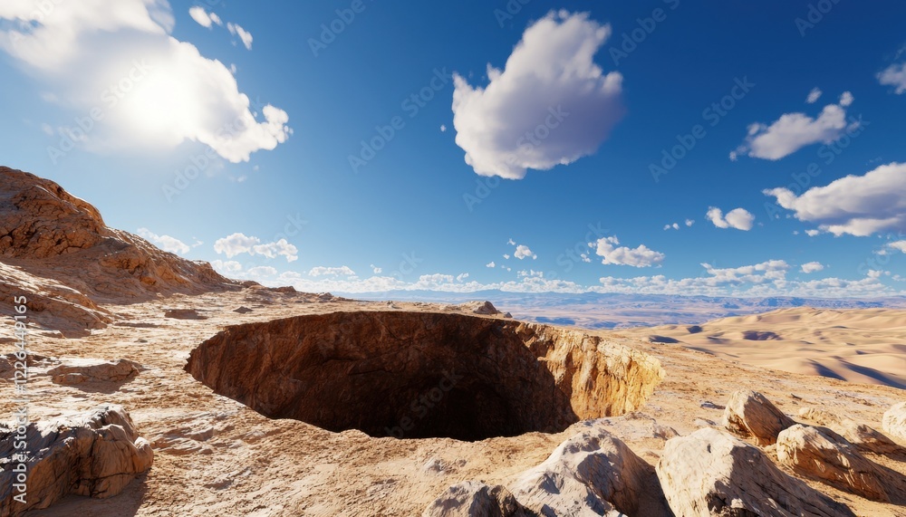 A deep, circular hole surrounded by rocky terrain under a bright blue sky with scattered clouds, evoking a sense of mystery in a barren landscape. A deep, circular hole surrounded by rocky terrain under a bright blue sky with scattered clouds, evoking a sense of mystery in a barren landscape.