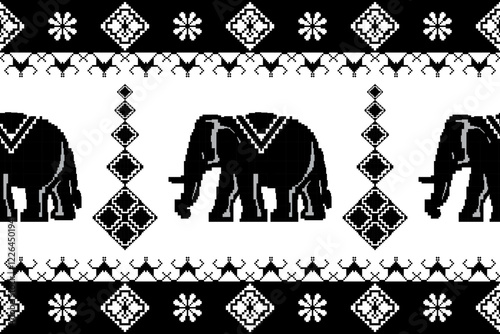 Black Thai elephant border, ethnic pixel pattern, ornament, Thai traditional style, illustration design for background,carpet,wrapping, textile, silk, fabric,trousers.	