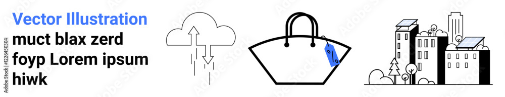 Obraz premium Cloud with arrows, eco-friendly handbag, sustainable buildings with trees and solar panels. Ideal for sustainability, innovation, eco-conscious lifestyle, urban development, technology, renewable