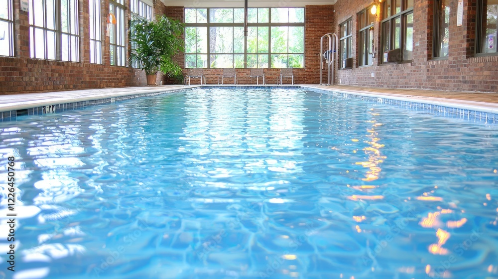 Obraz premium Indoor pool, sunlight, brick walls, relaxation