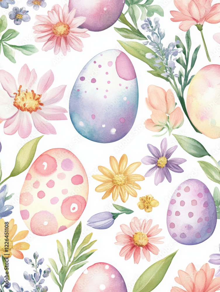 A vibrant watercolor design of Easter eggs and floral patterns arranged in a seamless, flat design on a white background. The Easter eggs are decorated in soft pastel shades of pink, lavender, mint gr A vibrant watercolor design of Easter eggs and floral patterns arranged in a seamless, flat design on a white background. The Easter eggs are decorated in soft pastel shades of pink, lavender, mint gr