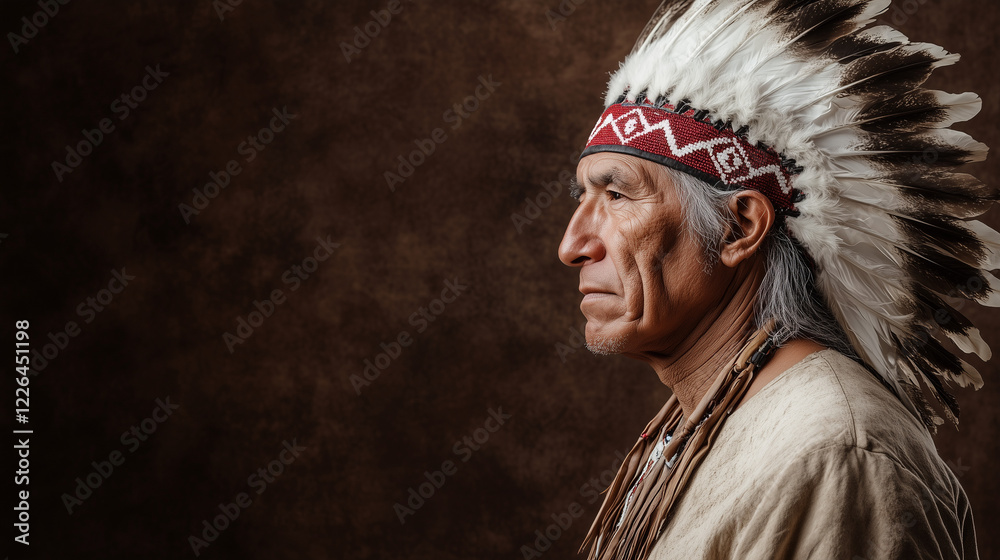 Fototapeta premium Native American Elder: A powerful portrait of an elder, his stoic gaze and traditional headdress conveying wisdom, history, and cultural heritage.