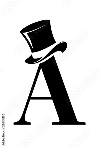 Letter A with Top Hat Silhouette, Black silhouette of the letter A wearing a stylish top hat, symbolizing elegance, sophistication, and classic design on a white background.  
  
