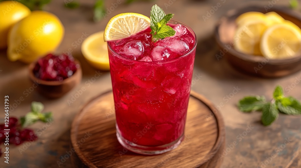 A vibrant red hibiscus drink with lemon and mint, perfect for summer refreshment. Ideal for food blogs, drink menus, and healthy lifestyle concepts.