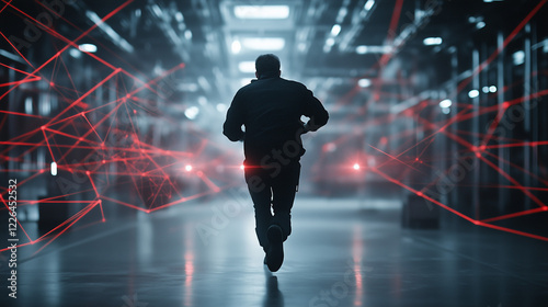 Cybersecurity Chase: A lone figure sprints through a futuristic data center, red network lines illuminating the scene, creating a sense of urgency and high stakes in this dramatic image. photo