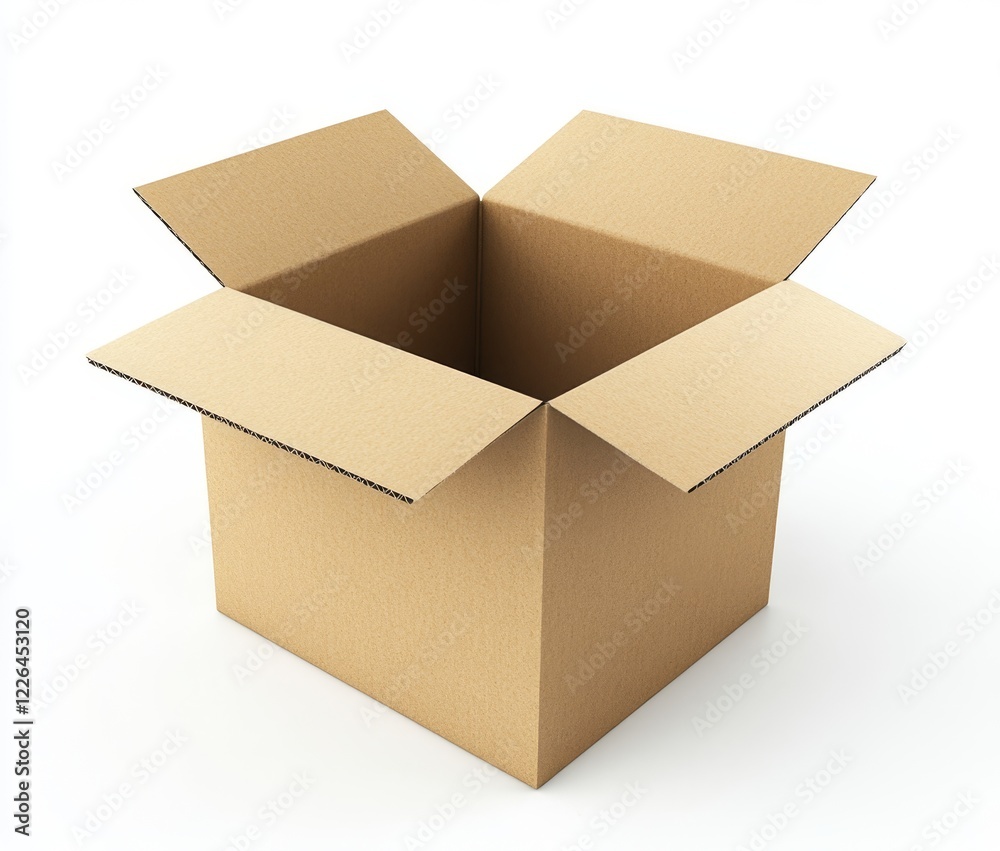 Open empty square cardboard box isolated on white background.