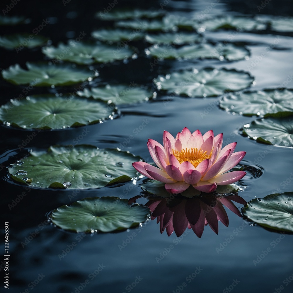 A mesmerizing diamond lotus floating on a reflective water surface. A mesmerizing diamond lotus floating on a reflective water surface.