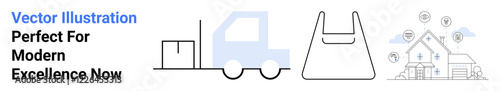 Delivery truck, shopping bag, home automation and technology icons. Ideal for e-commerce, modern living, logistics, online retail, delivery services sustainability smart home integration. Flat