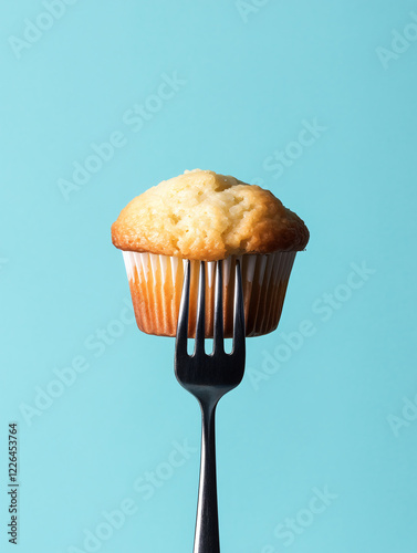 Delicious golden muffin fork clean background,bakery advertising,dessert promotions,food photography,minimalist culinary presentation,tasty,art,wallpaper,delicious,studio,campaign,packaing,cupcake photo