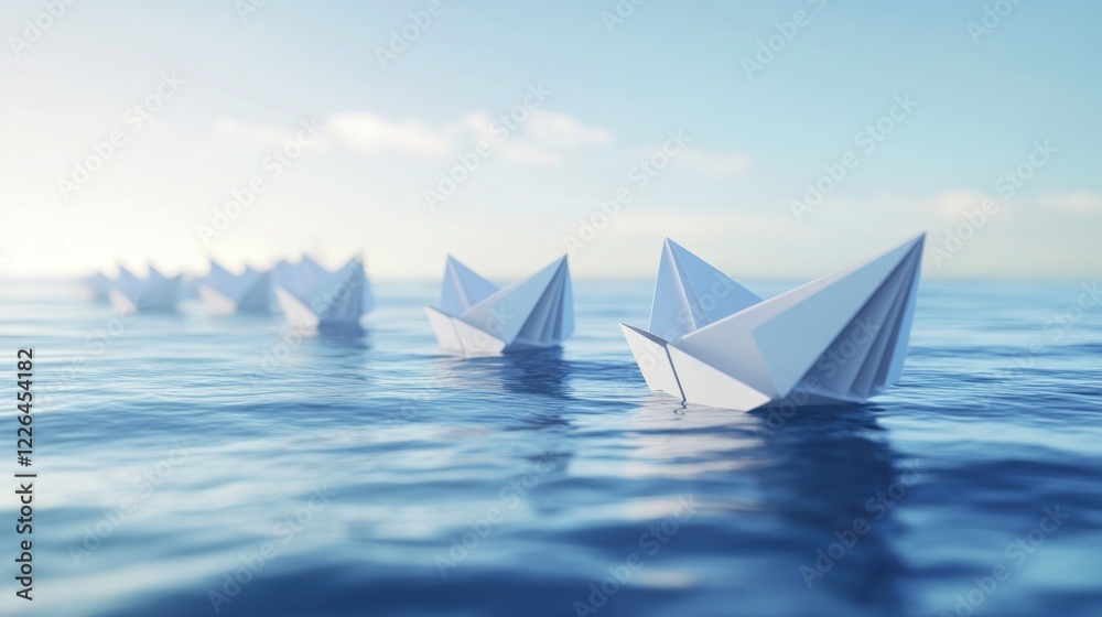 Obraz premium Paper boats sailing on calm ocean, teamwork concept