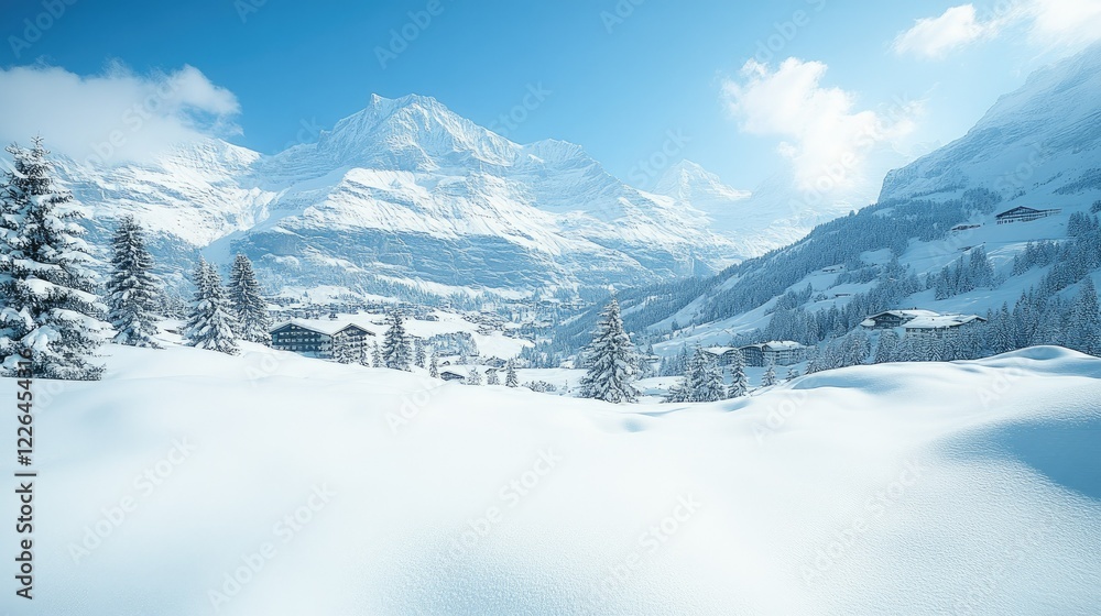 Obraz premium Snowy Alpine Village Nestled Among Majestic Mountains
